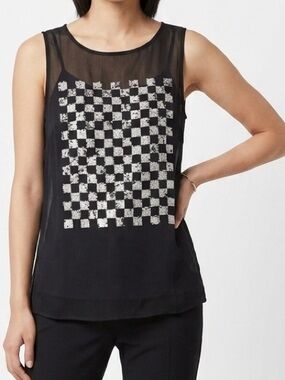 FRENCH CONNECTION Silver Sequin Checkerboard Sheer Black Sleeveless Top Blouse